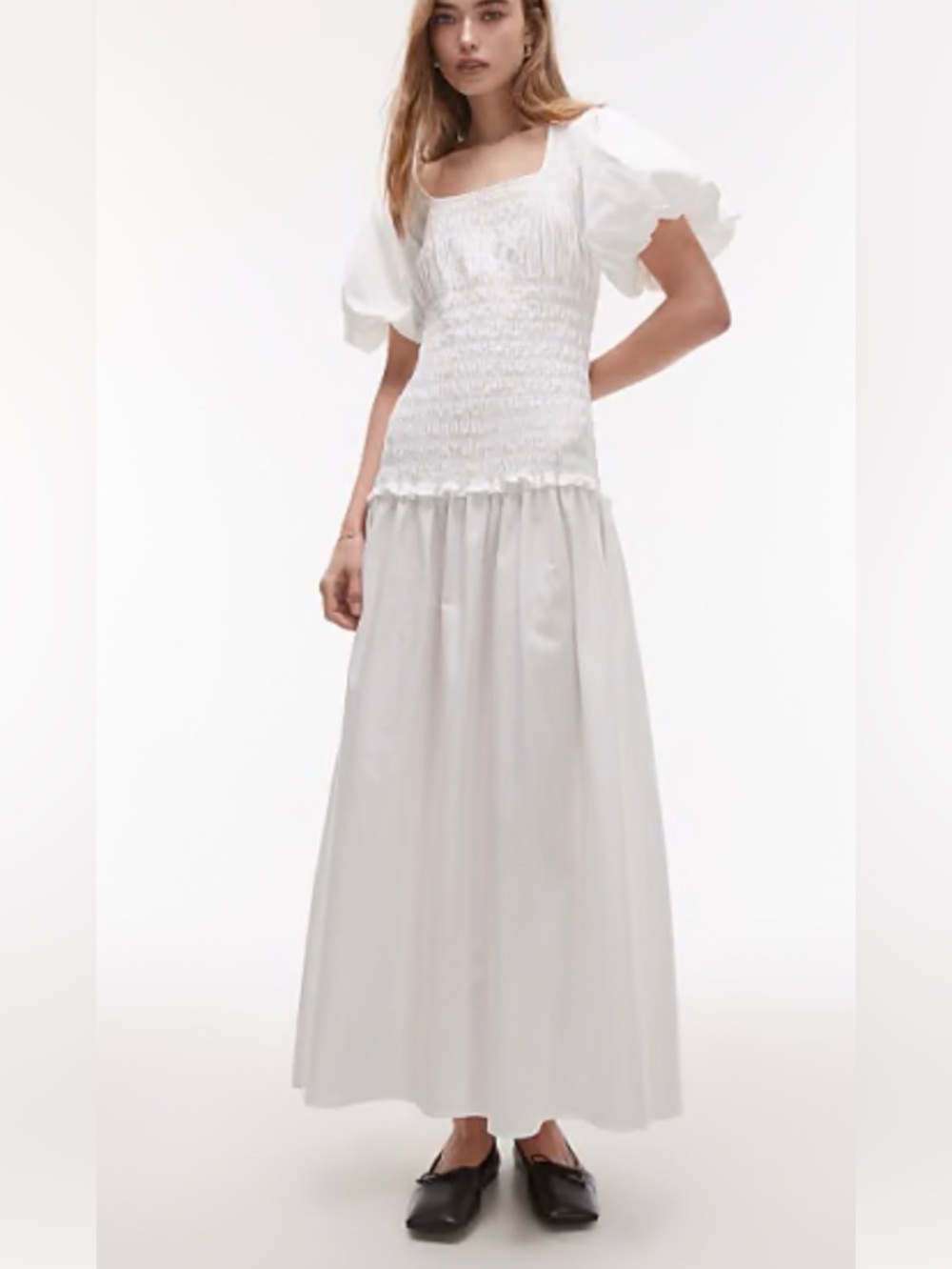 Topshop White Shirred Smocked Cotton Puff Sleeve Maxi Dress NWOT Sz 2
